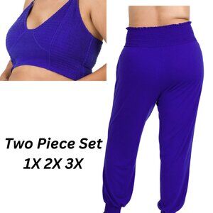 Plus Size Smocked Lounge Jogger Set | Bright Blue